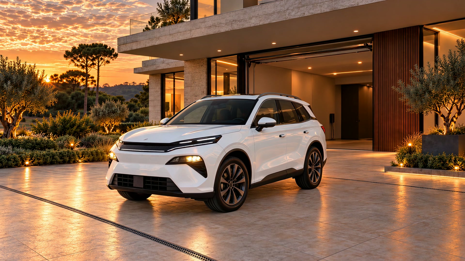 Portão da garagem de uma casa moderna se abre e um SUV branco sai até a entrada iluminada, ao entardecer