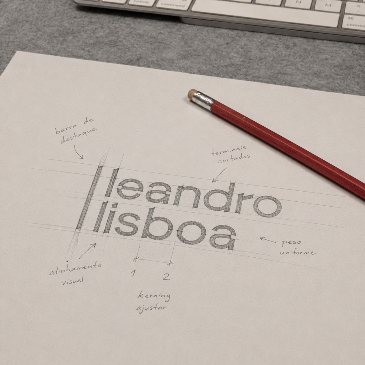 Croqui do logotipo a lápis com anotações